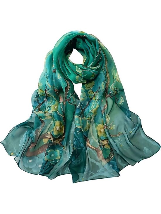 Accessories - Women's Dark Green Fashion Lightweight Head Scarf Floral Print Chiffon Scarf